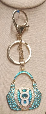 "Purse Hand Bag" Teal Rhinestone Crystal Keychain Keyring Sparkling Bag Charm - Image 1 of 4