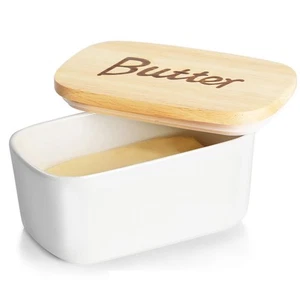 Ceramics Butter Dish with Wooden Lid- Large Covered Butter Holder for Counter... - Picture 1 of 6