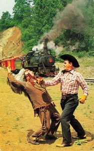 Young Boy Cowboy Depot Train RR Vintage Postcard - Picture 1 of 2