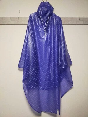 Blue PVC vinyl sleeveless raincape hooded poncho rainwear translucent dots - Image 1 of 4