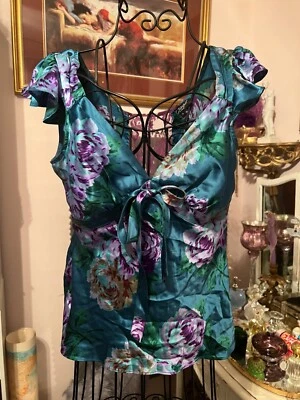 Blusa Betsey Johnson verde azulado floral seda Charmeuse encaje corbata talla 4 Foto 1 de 4