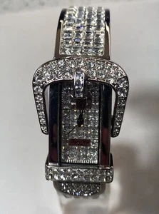 Victoria Wieck Crystal Buckle Hinged Cuff Watch Crystal Face Silver-Tone NEW HSN - Picture 1 of 7