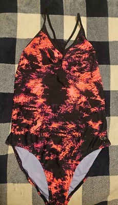 Champion Womens One Piece Swimsuit Size Large 12-14 Mesh Racerback Black Pink - Image 1 of 4