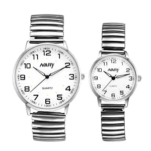 Men Women Stainless Steel Stretch Elastic Band Big Dial Dress Couple Wrist Watch - Picture 1 of 15
