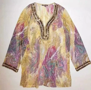 CAMISA ADRIENNE VITTADINI TÚNICA JOYA CUELLO MULTICOLOR ABERTURA LATERALES TRANSPARENTE USADA EN EXCELENTE ESTADO talla M - Imagen 1 de 6