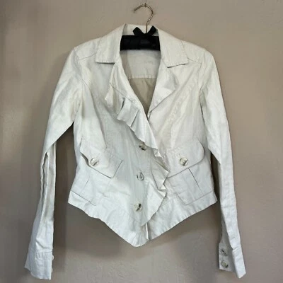 Cabi 325 Women's Small Ivory Waxed Linen Ruffle Asymmetrical Jacket Coat Blazer - Image 1 of 4