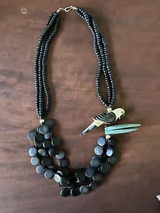 Vintage Wooden White Parrot Black Discs & Beads Lovely Hand Painted Necklace - Picture 1 of 5