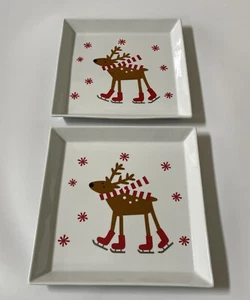 2 Crate & Barrel LARGE Square Serving Platters Skating Reindeer 12" Christmas - Picture 1 of 9