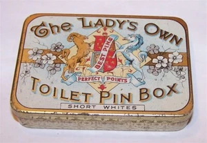 Antique THE LADYS OWN Tin Litho Toilet Pin Box with original Pins - England - Picture 1 of 3