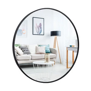 36" Round Bathroom Mirror Wall Mounted Make Up Vanity Mirror W/Black Metal Frame - Picture 1 of 16