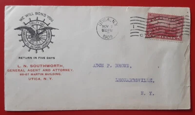US 1909 2c Hudson-Fulton Local NY Cover Utica to Leonardsville VF/XF 4546-1 - Image 1 of 2