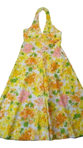 VTG Handmade Halter Swing Dress Yellow Floral Polyester Zip Back 60's 70's - Picture 1 of 15