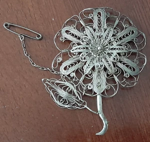 LARGE VINTAGE SILVER FILAGREE FLOWER BROOCH   #kk - Bild 1 von 3