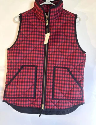 J Crew Womens Size S Red & Black Plaid Quilted Puffer Vest With Zipper Pockets - Image 1 of 4