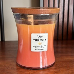 Woodwick WW Trilogy 9.7oz Sparkling Ginger Melon Beach Candle Crackling Fire New - Picture 1 of 7
