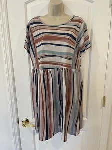 Brillt White Size L Brown Waves Striped Short Sleeve Cotton Blend Dress Pockets - Picture 1 of 8