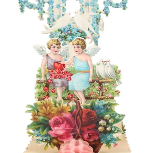 1924 Antique VALENTINE Mechanical Stand Up Card Two Girls Angels Doves Die Cut - Picture 1 of 7