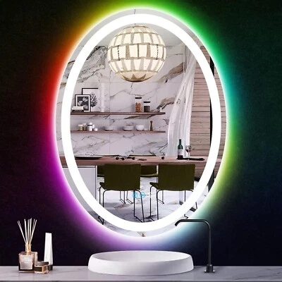 Espejo LED ovalado de baño de 20x30 pulgadas con luces de 3 colores + retroiluminación RGB arcoíris Foto 1 de 4