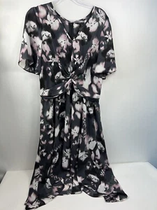 Simply Vera Vera Wang Dress Women's Size L Gray/White/Pink Floral Faux Wrap - Picture 1 of 9