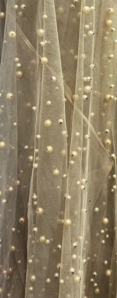 BEIGE Pearls Tulle Beads 52" Wide Bridal Veil Tulle fabric - Image 1 of 1