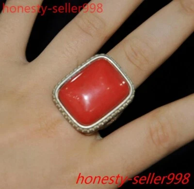 Antigua estatua anillo exorcismo fino grano flores coral rojo plata tibetana Foto 1 de 4