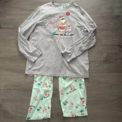 Men's Christmas Pajamas Outfit Size Large Warm Wishes santa wakeboarding New - Image 1 of 4