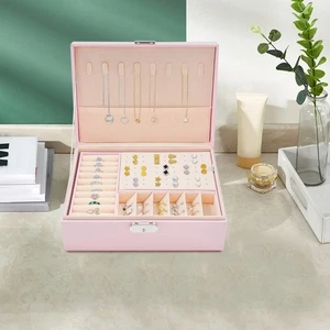 Joyero de PU de dos pisos Caja de almacenamiento de joyas de 2 niveles con cerradura - Imagen 1 de 24