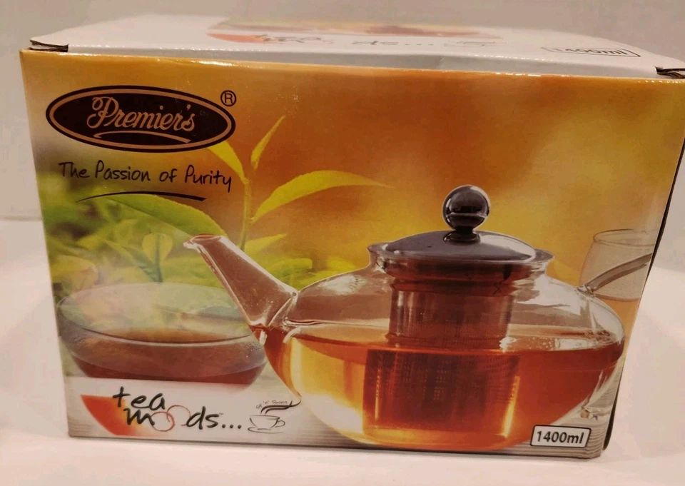 Tetera de vidrio transparente verde/negro resistente al calor acero inoxidable Premiers 1400 ml Foto 1 de 4