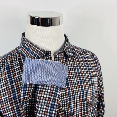 Johnston & Murphy 2XL Casual Flip Cuff Shirt Blue Orange Plaid Cotton - Image 1 of 4