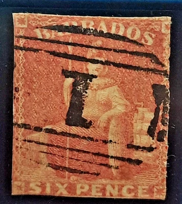 Barbados: 1858 Britannia. 6p. Brownish Rose. Used. CV: 400. RARE! - Image 1 of 4