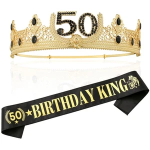 50. Geburtstag König Krone und Schärpe Gold Metall Party Deko Geschenk für Männer - Bild 1 von 7