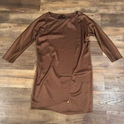 Vintage Chocolate Brown Satin Mini Dress 8 Wrap Seashell 60s 70s Retro Style - Image 1 of 4