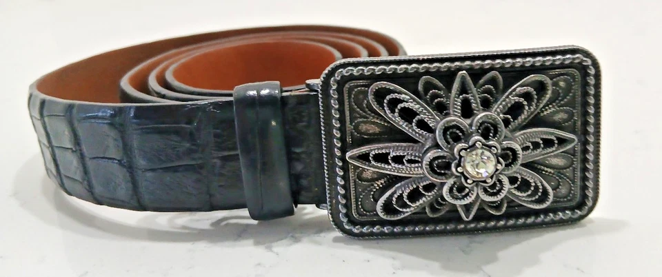 Ralph Lauren Alligator Leather Belt & Rhinestone Floral Buckle - Size S - Black - Image 1 of 4