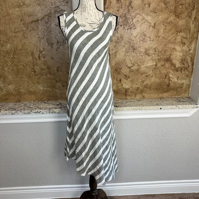 Льняное 100% льняное миди-платье женское P асимметричный подол полоса косой покрой шалфей белое - Изображение 1 из 4