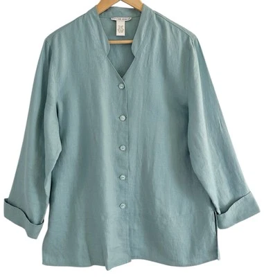 Jillian Jones 100% Linen Button Up Lite Teal Tunic Top Shirt Shacket Sz 16 - Image 1 of 4