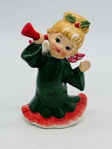 Vintage Lefton Angel Bell Horn Figurine #2543 Green Dress Ceramic 4" Japan MCM - Picture 1 of 8
