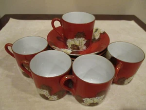 Porcelain Red/Cream Floral Espresso/Tea Cup & Saucer Set, 10 pcs (See Condition) - Picture 1 of 11