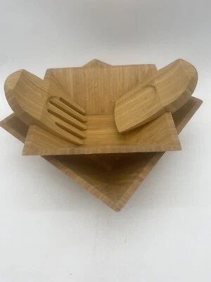 Pampered Chef Bamboo Square Salad Bowls Serving 2 Claws Tongs Set - Image 1 of 4