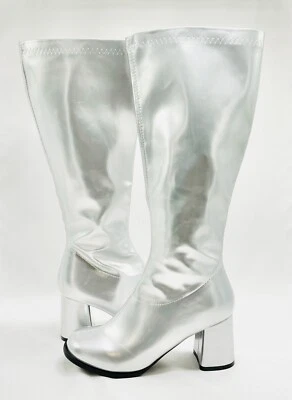 Botas Gogo femininas 9 prata metálica altura do joelho salto robusto com zíper lateral - Imagem 1 de 4