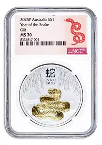 2025 Australia Anno Lunare del Serpente Dorato 1 oz Moneta Argento NGC MS70 - Foto 1 di 2