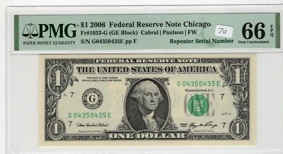 $1 2006 FRN Fr# 1933-G GE Block PMG UNC 66 EPQ San Francisco Repeater Serial - Image 1 of 2
