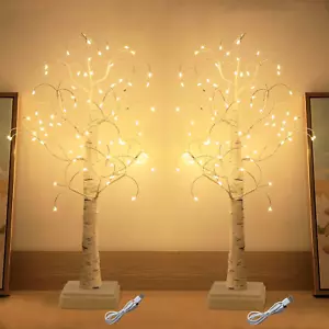 2 Pack White Birch Tree with 72 Led Lights 22" Table Lighted Trees with USB or B - Picture 1 of 12