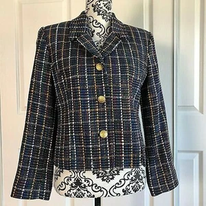 Vintage Doncaster Sz 8 100% Woven Silk thread blazer jacket Plaid Gold Buttons - Picture 1 of 10