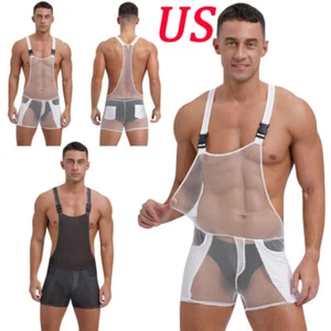 Mens Catsuit Fitness Bodysuit Wrestling Singlet Jumpsuit Overalls Romper Mesh - Picture 1 of 33
