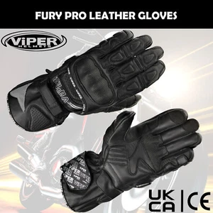 Motorbike Leather Viper Fury Pro CE Knuckle Protection Reinforced Gloves Black - Picture 1 of 9