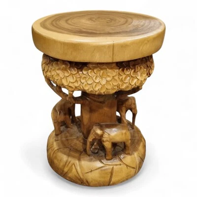 Wooden Side Table Elephant 43Cm Nightstand Solid Wood Stool Table Thailand Round - Image 1 of 3