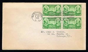 EE. UU. # 785 MONTAJE VERNON BLOQUE DE 4 EN CUBIERTA DEL PRIMER DÍA 1936 (ESP #198) - Imagen 1 de 1