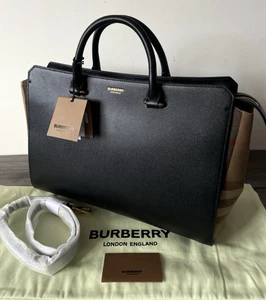 BURBERRY SCHWARZ LEDER & HOUSE CHECK BANWELL TASCHE EINZELHANDEL £1490 NEU MIT ETIKETT - Bild 1 von 21