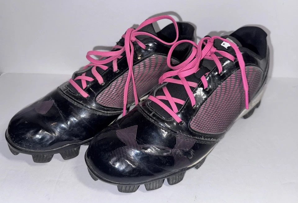 Under Armour Softball Size 6.5 Y Cleats Sports Black & Pink Lace Up - Image 1 of 4
