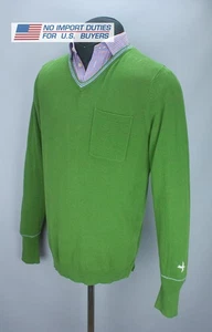 Relwen Sweater Mens Large Green Blue Contrast Stitch V-Neck Pullover 100% Cotton - Picture 1 of 24